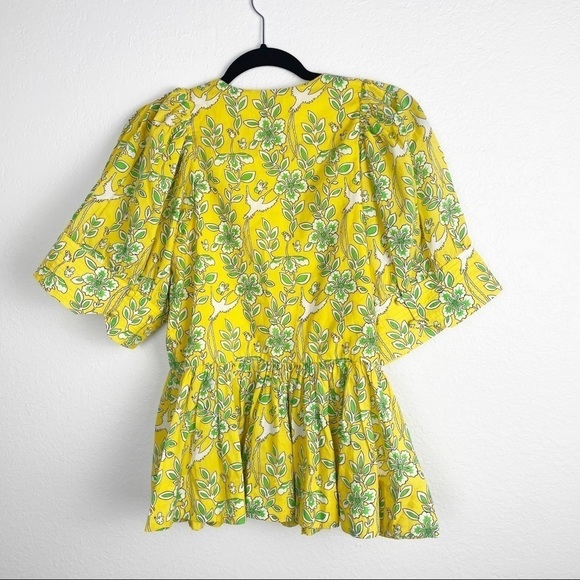 Rhode Ava Floral V Neck Short Sleeve Wrap Top Yellow Cotton Printed Casual - Picture 3 of 8
